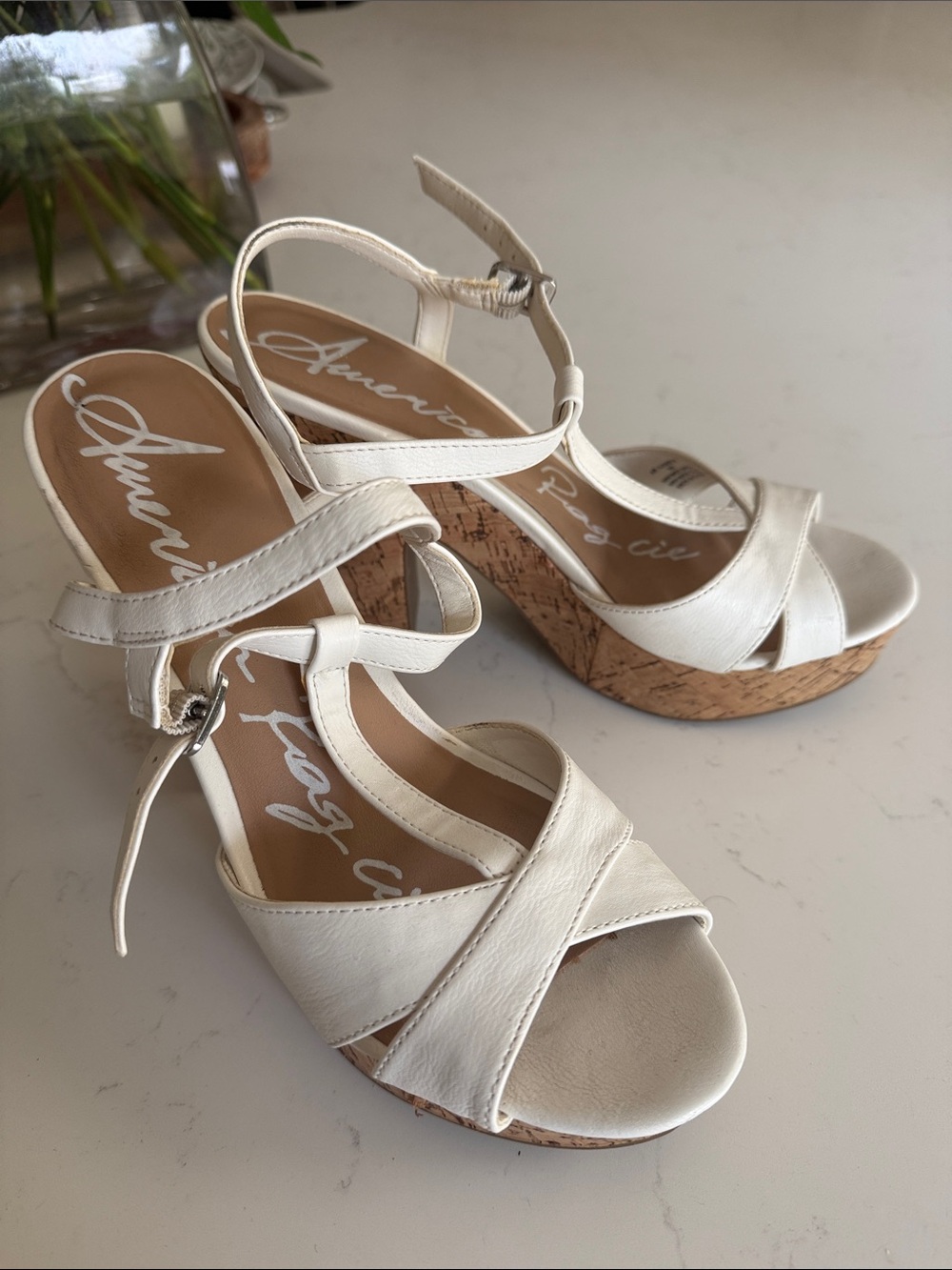 American Rag White Cork Wedge Sandals – Strappy Women's Heels size 8.5